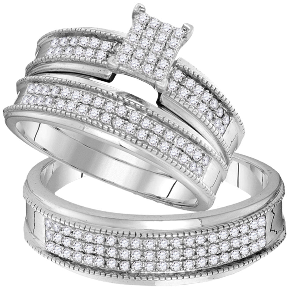 10KT WHITE GOLD HIS HERS ROUND DIAMOND CLUSTER MATCHING WEDDING SET 3/4 CTTW