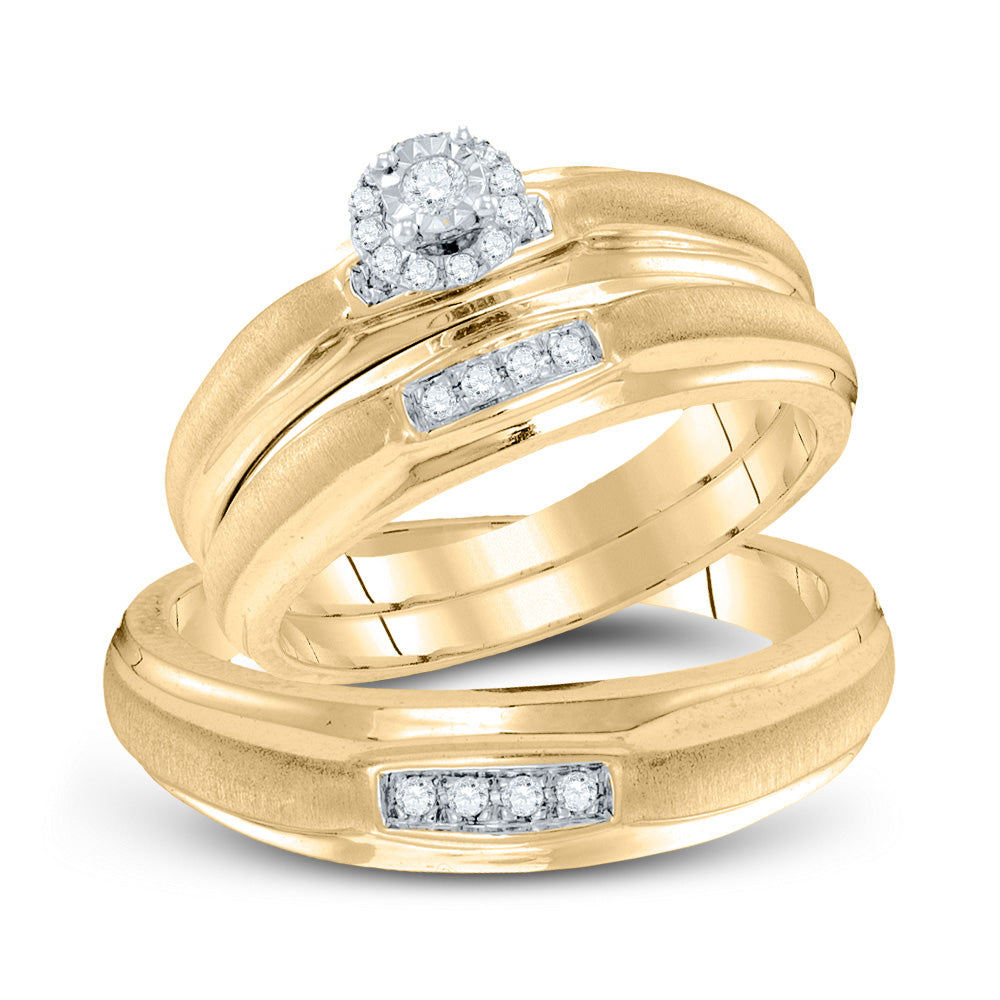 YELLOW-TONE STERLING SILVER HIS HERS ROUND DIAMOND MATCHING WEDDING SET 1/6 CTTW