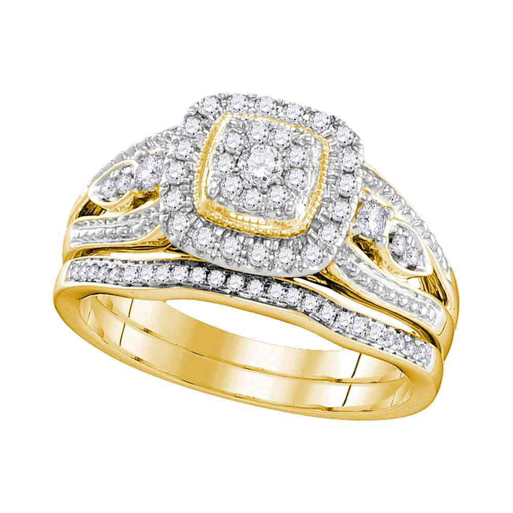 10KT YELLOW GOLD ROUND DIAMOND BRIDAL WEDDING RING BAND SET 3/8 CTTW