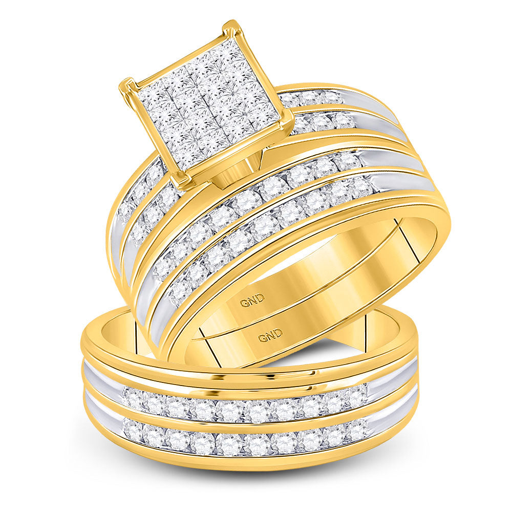 14KT YELLOW GOLD HIS HERS PRINCESS DIAMOND SQUARE MATCHING WEDDING SET 1-1/2 CTTW