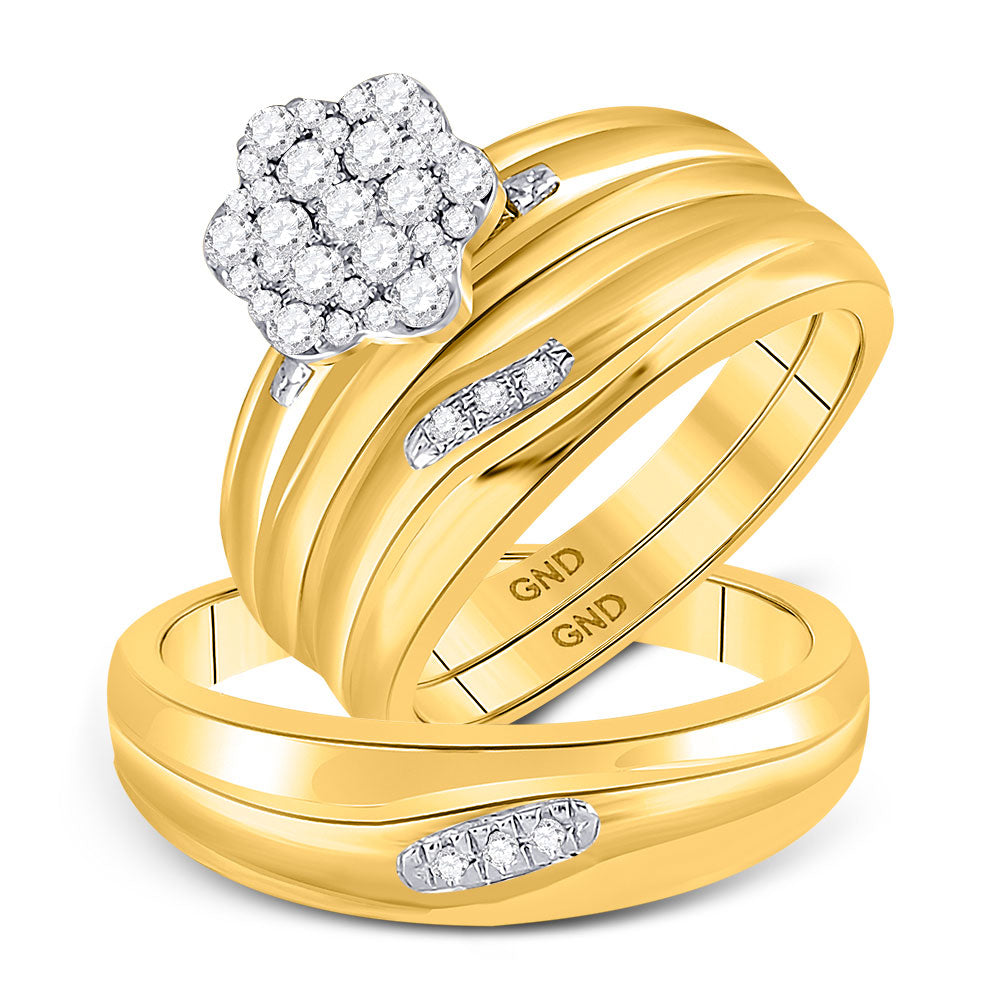 10KT YELLOW GOLD HIS HERS ROUND DIAMOND CLUSTER MATCHING WEDDING SET 3/8 CTTW