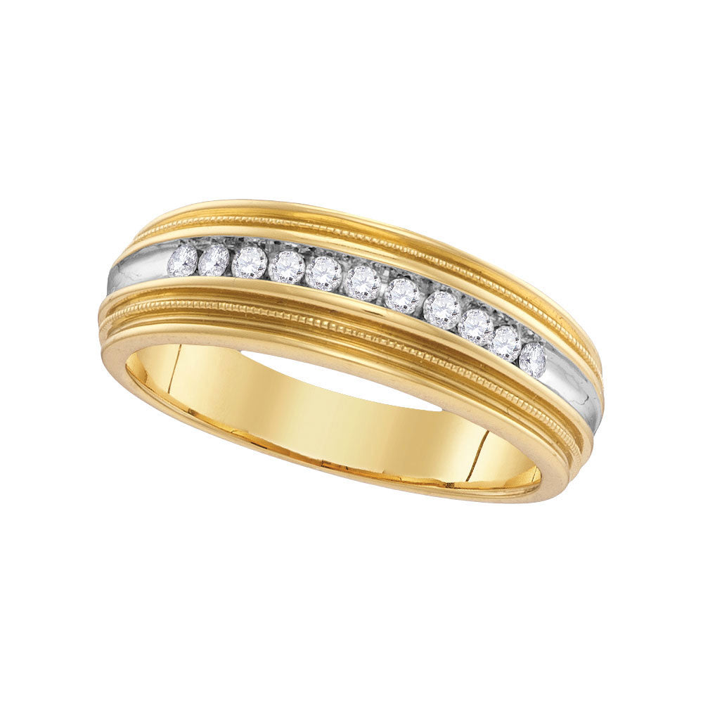 10KT YELLOW GOLD MENS ROUND DIAMOND TWO-TONE MILGRAIN WEDDING ANNIVERSARY BAND RING 1/4 CTTW