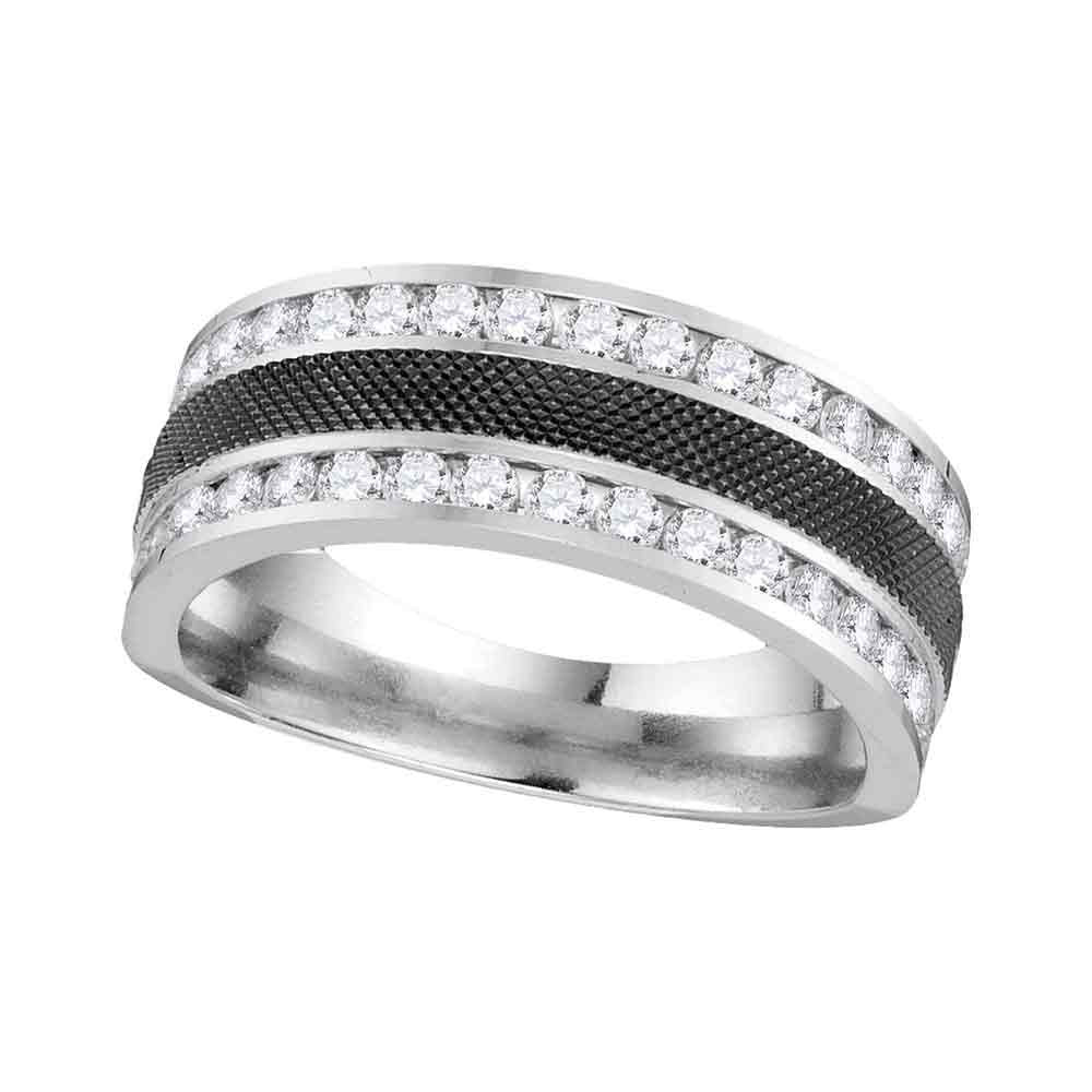 14KT WHITE GOLD MENS ROUND DIAMOND DOUBLE ROW WEDDING BAND 1 CTTW