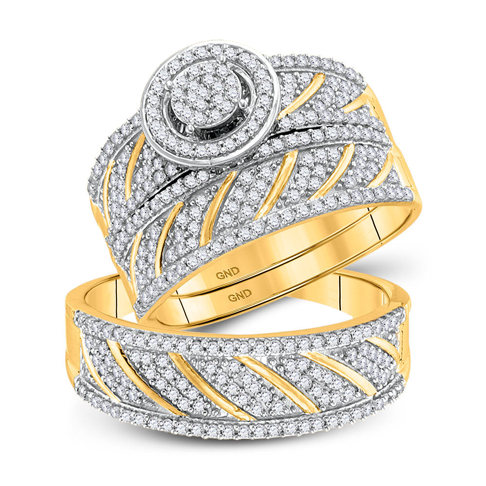 10KT YELLOW GOLD HIS HERS ROUND DIAMOND CLUSTER MATCHING WEDDING SET 1 CTTW