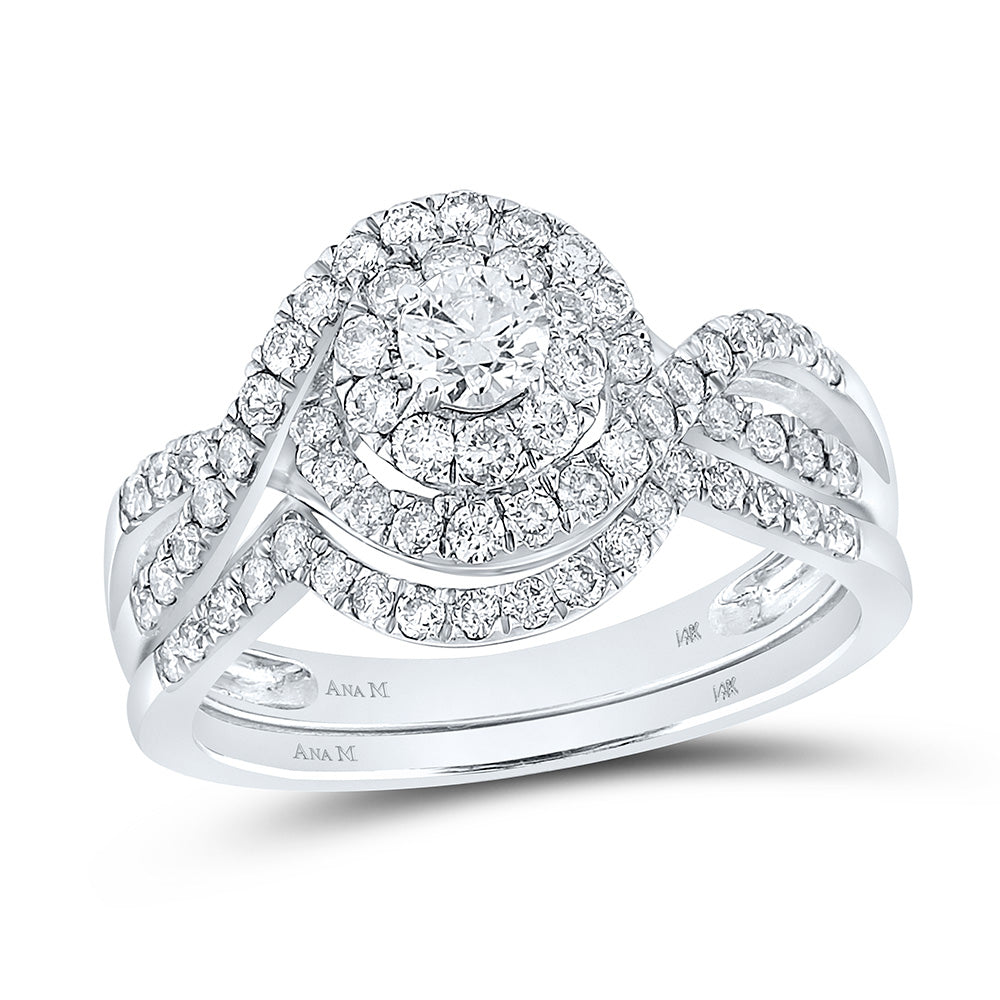 14KT WHITE GOLD ROUND DIAMOND SWIRL HALO BRIDAL WEDDING RING BAND SET 1 CTTW