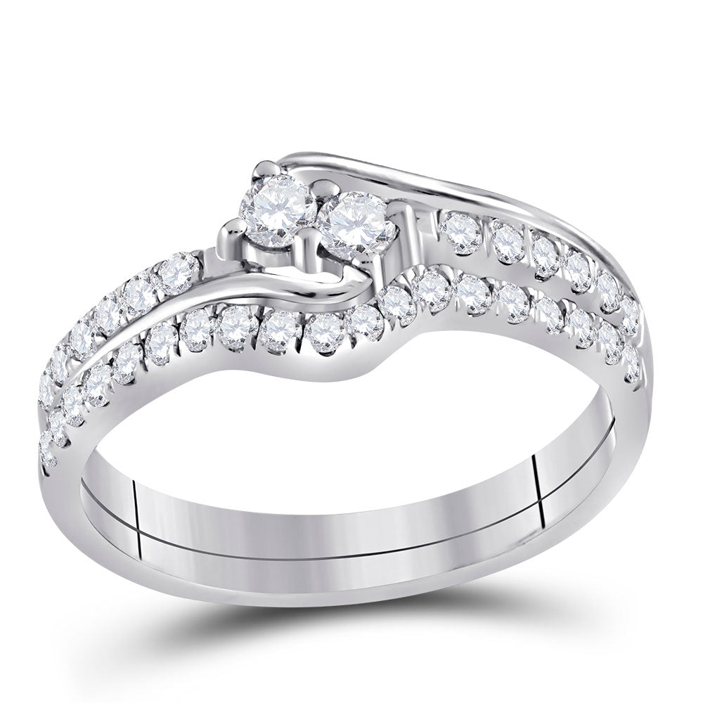 10KT WHITE GOLD ROUND DIAMOND 2-STONE BRIDAL WEDDING RING BAND SET 1/2 CTTW