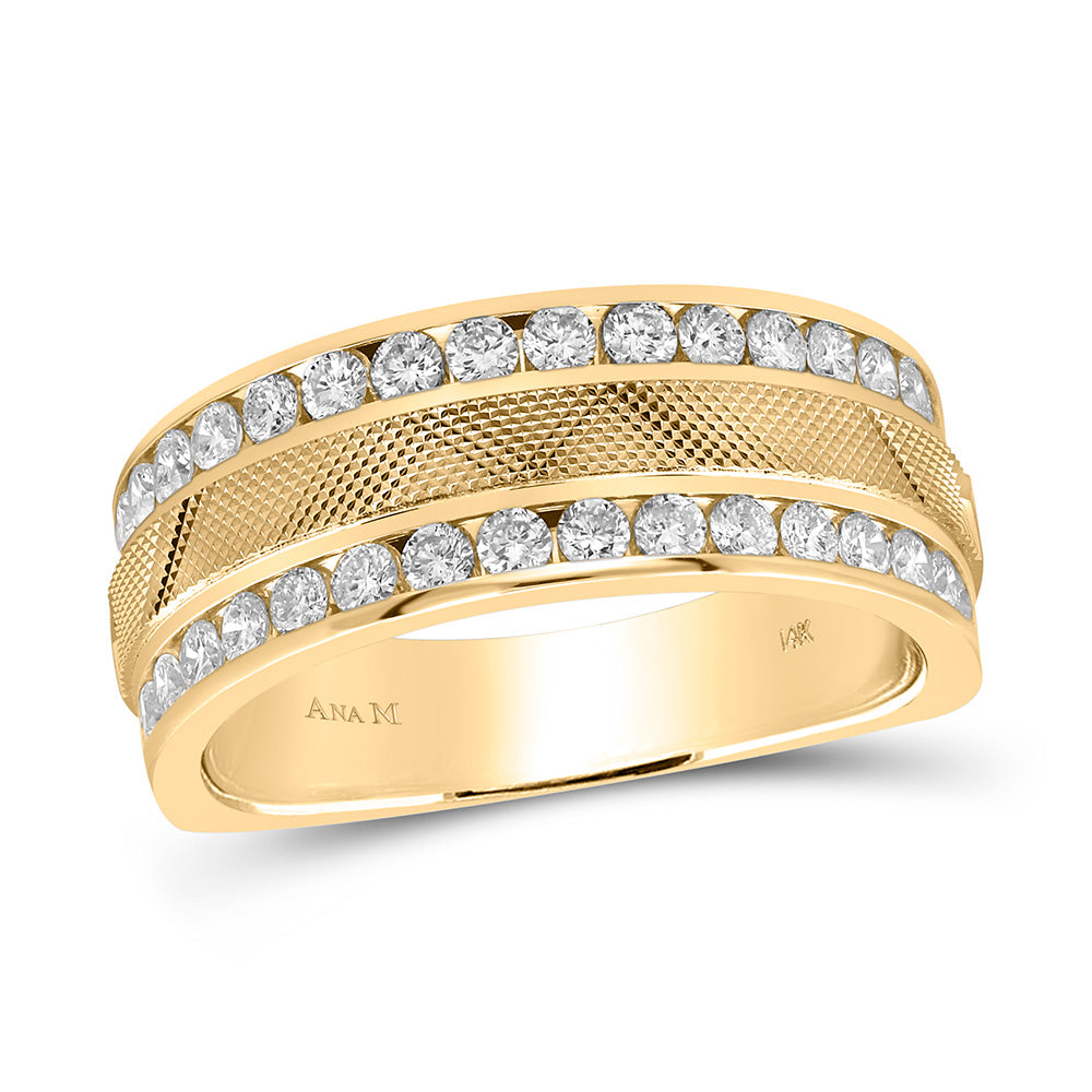 14KT YELLOW GOLD MENS ROUND DIAMOND DOUBLE ROW TEXTURED WEDDING BAND RING 1 CTTW