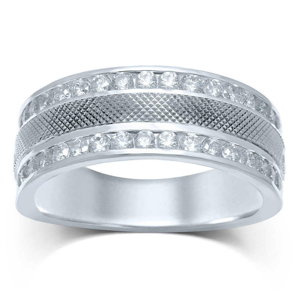 14KT WHITE GOLD MENS ROUND DIAMOND DOUBLE ROW TEXTURED WEDDING BAND RING 1 CTTW