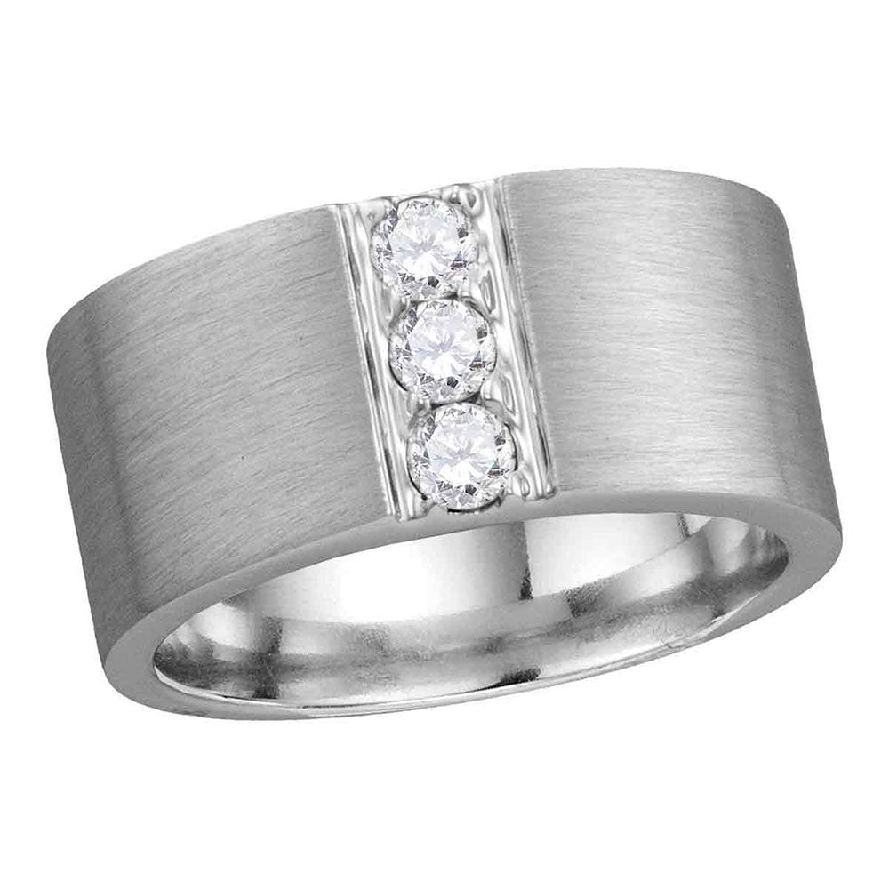 14KT WHITE GOLD MENS ROUND DIAMOND 3-STONE MATTE WEDDING BAND 1/2 CTTW