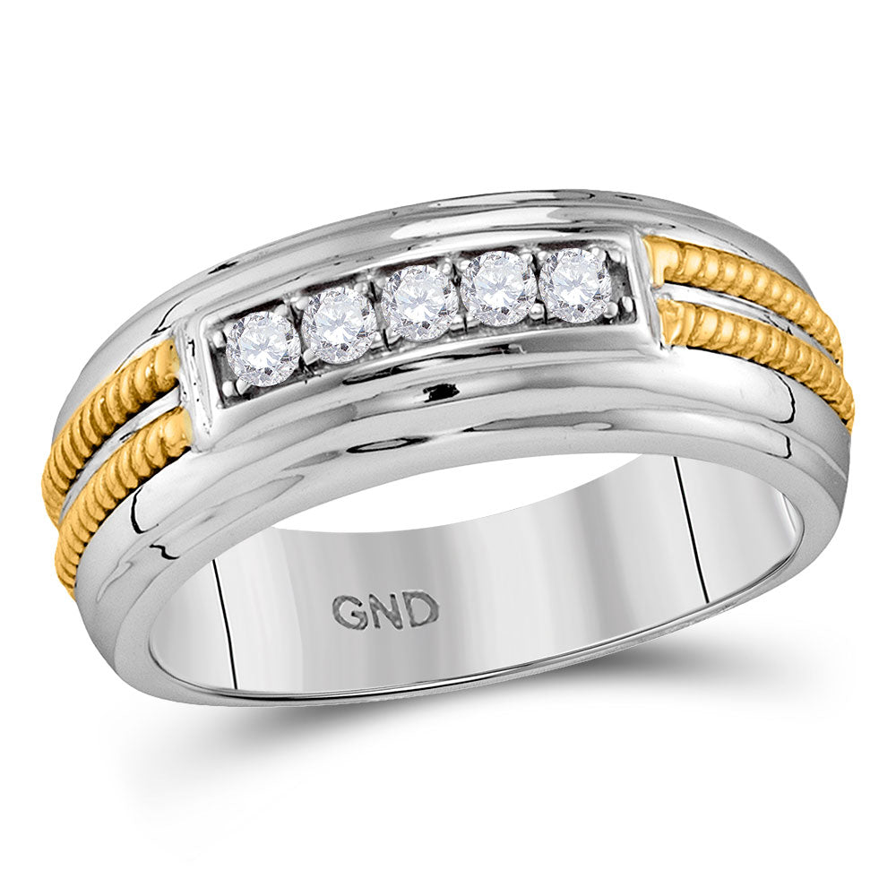 10KT WHITE GOLD MENS ROUND PAVE-SET DIAMOND DOUBLE ROPE WEDDING BAND 1/4 CTTW