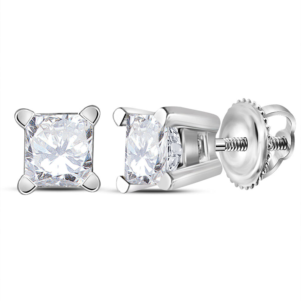 14KT WHITE GOLD UNISEX PRINCESS DIAMOND SOLITAIRE STUD EARRINGS 1/2 CTTW
