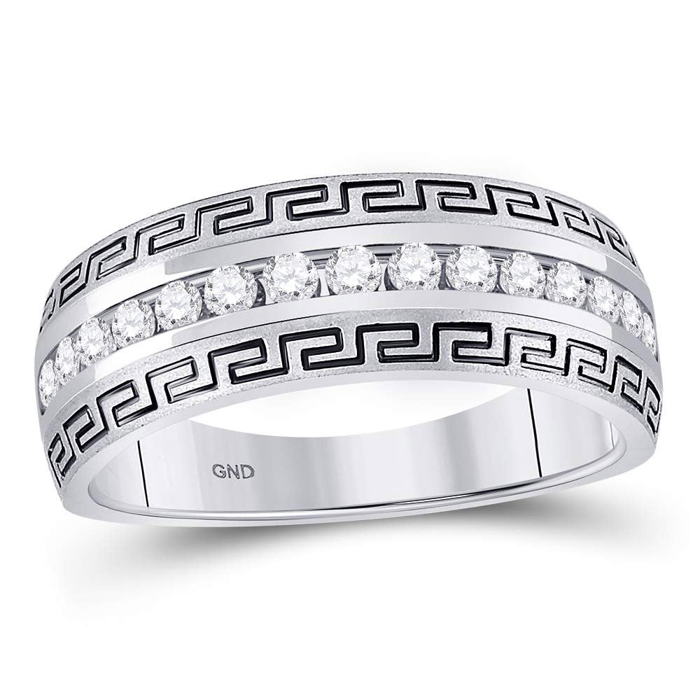 14KT WHITE GOLD MENS ROUND DIAMOND GREEK KEY SINGLE ROW WEDDING BAND RING 1/2 CTTW