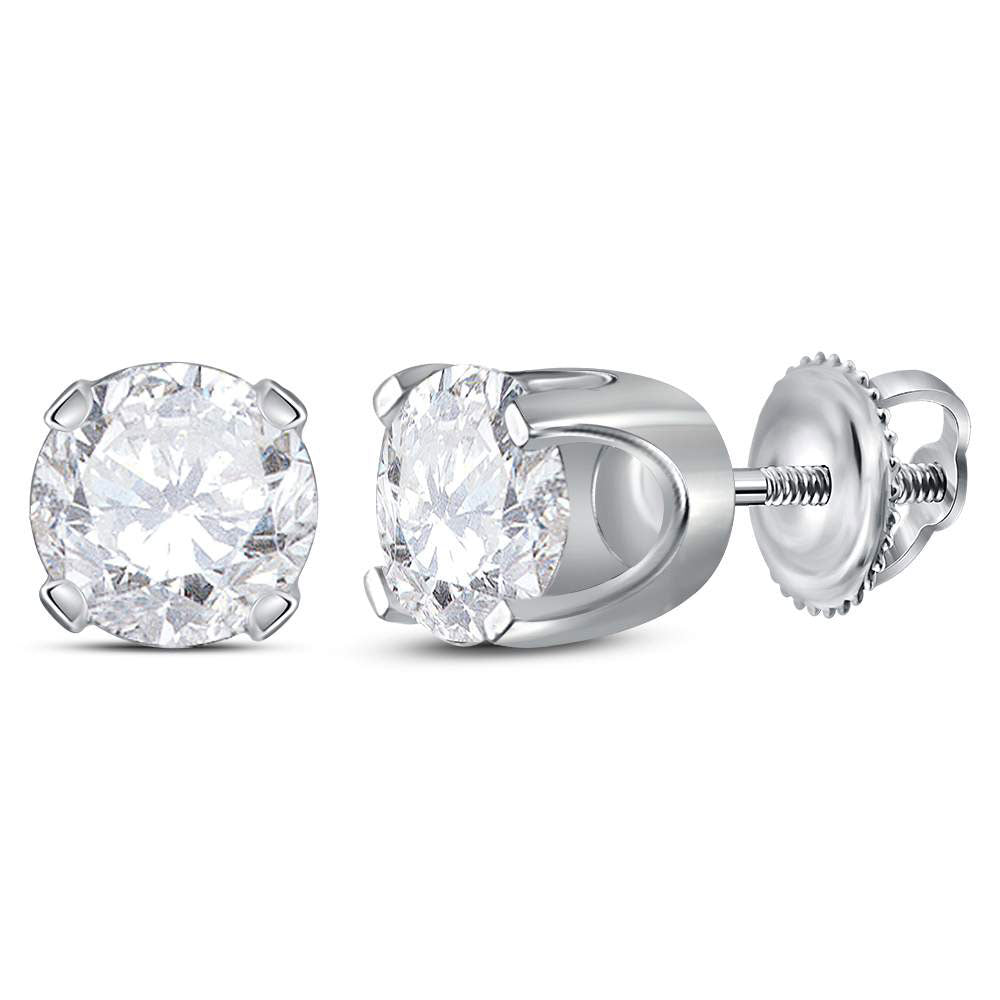 14KT WHITE GOLD UNISEX ROUND DIAMOND SOLITAIRE STUD EARRINGS 1-3/8 CTTW