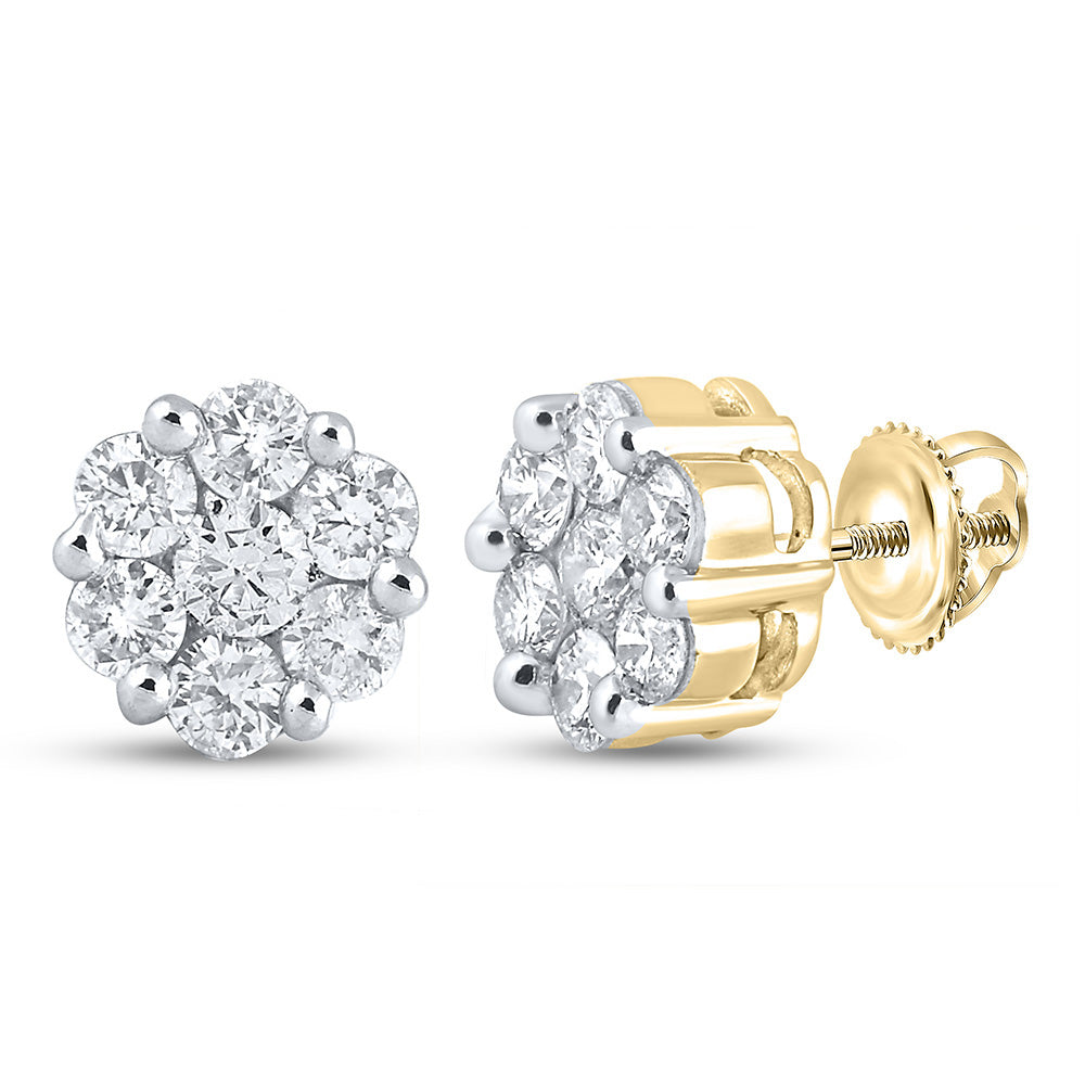 14KT YELLOW GOLD WOMENS ROUND DIAMOND FLOWER CLUSTER STUD EARRINGS 2 CTTW