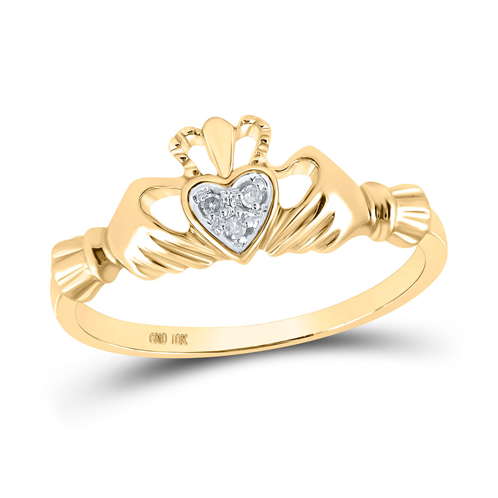 10KT YELLOW GOLD WOMENS ROUND DIAMOND CLADDAGH HEART RING .02 CTTW