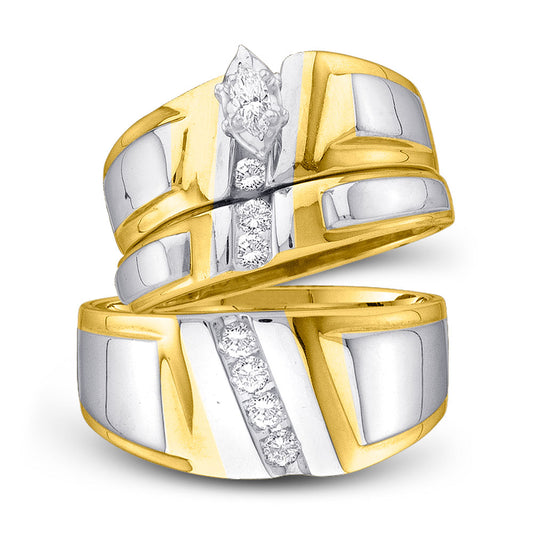 10KT YELLOW GOLD HIS HERS MARQUISE DIAMOND SOLITAIRE MATCHING WEDDING SET 1/4 CTTW