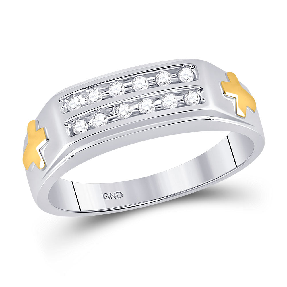 10KT TWO-TONE GOLD MENS ROUND DIAMOND CROSS WEDDING BAND RING 1/6 CTTW