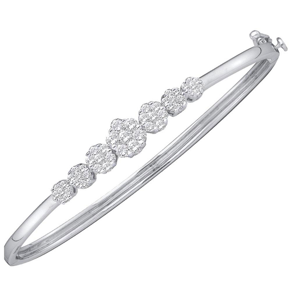 14KT WHITE GOLD WOMENS ROUND DIAMOND FLOWER CLUSTER BANGLE BRACELET 1 CTTW