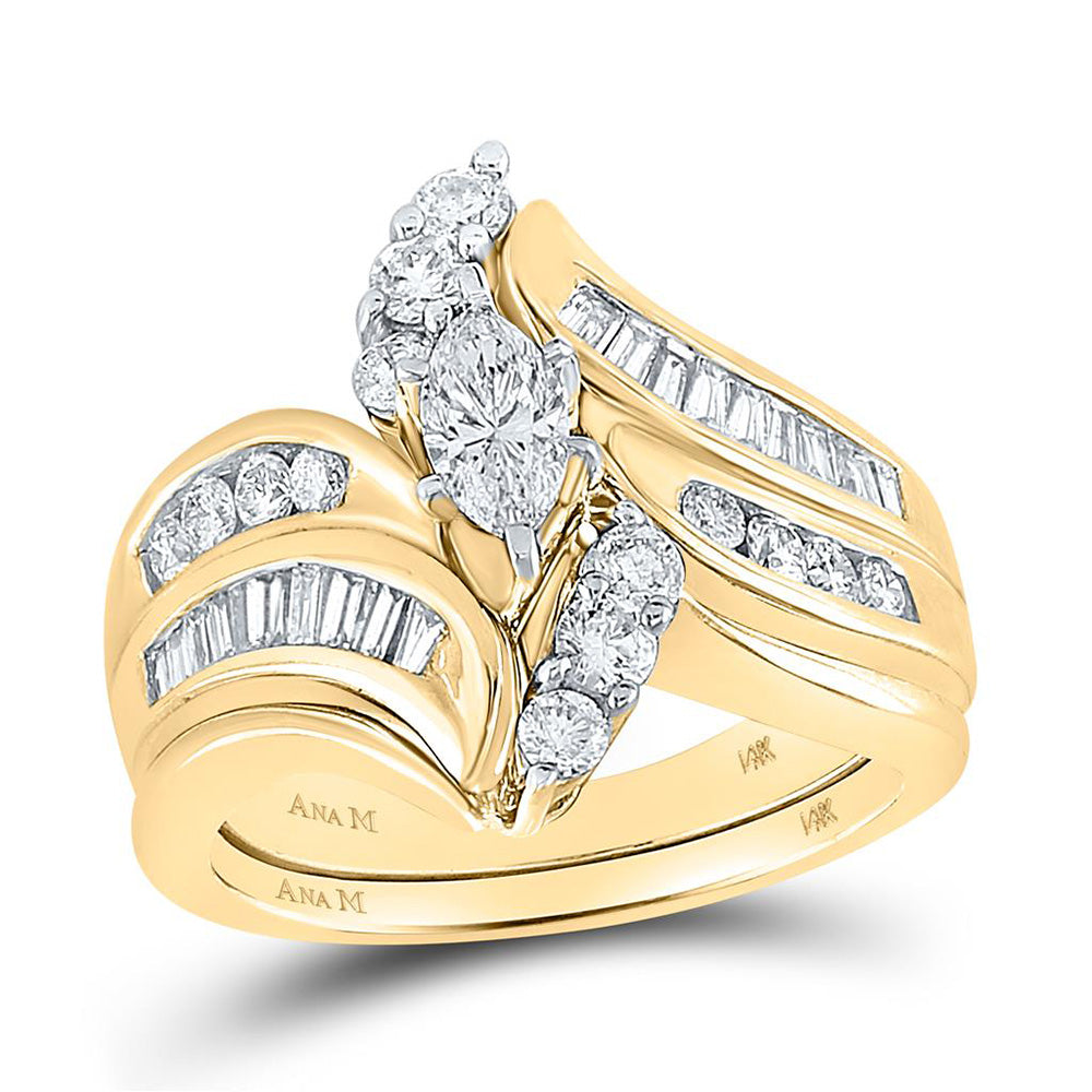 14KT YELLOW GOLD MARQUISE DIAMOND BRIDAL WEDDING RING BAND SET 1-1/2 CTTW