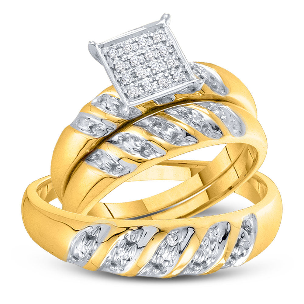 10KT YELLOW GOLD HIS HERS ROUND DIAMOND CLUSTER MATCHING WEDDING SET 1/12 CTTW