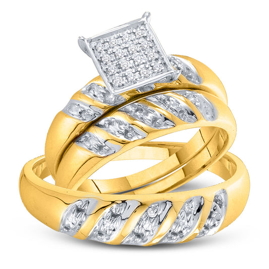 10KT YELLOW GOLD HIS HERS ROUND DIAMOND CLUSTER MATCHING WEDDING SET 1/12 CTTW