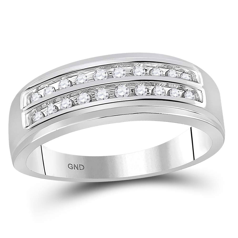 10KT WHITE GOLD MENS ROUND DIAMOND WEDDING 2-ROW BAND RING 1/4 CTTW