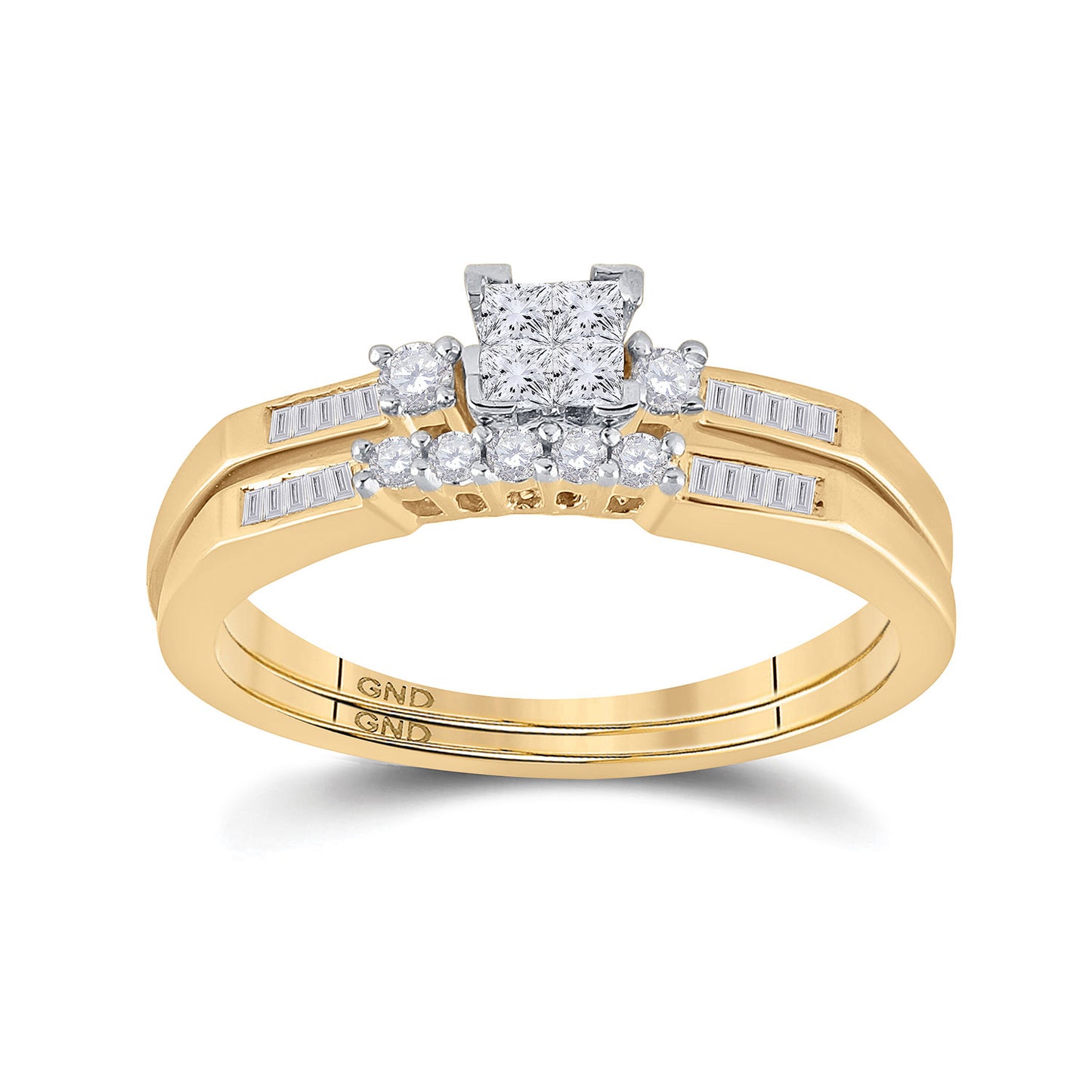 10KT YELLOW GOLD PRINCESS DIAMOND BRIDAL WEDDING RING BAND SET 1/3 CTTW