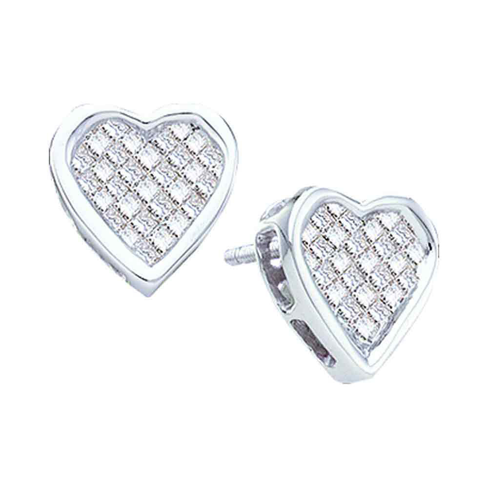 14KT WHITE GOLD WOMENS PRINCESS DIAMOND CLUSTER HEART STUD EARRINGS 1/2 CTTW