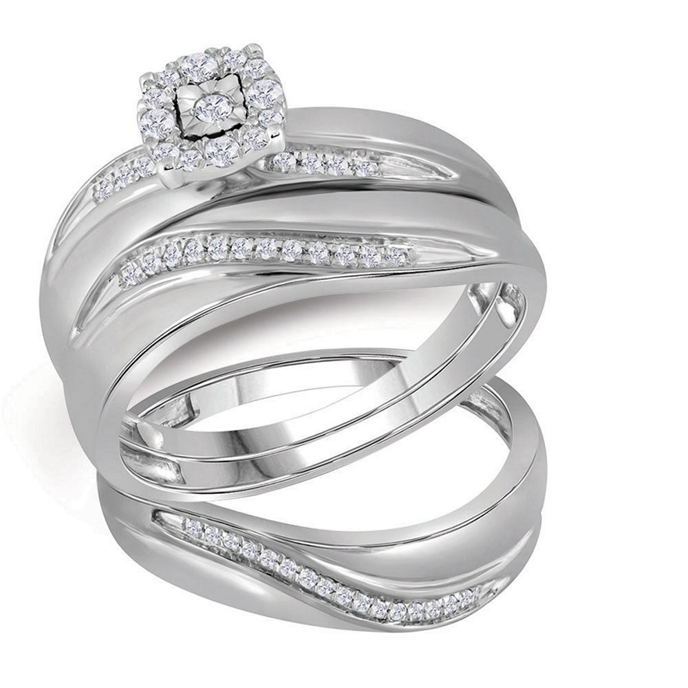 10K WHITE GOLD ROUND DIAMOND MENS WOMENS TRIO MATCHING HALO WEDDING BRIDAL RING SET 1/5 CTTW