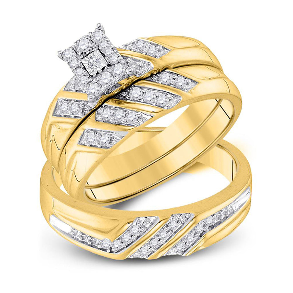 10KT YELLOW GOLD HIS HERS ROUND DIAMOND SOLITAIRE MATCHING WEDDING SET 3/8 CTTW