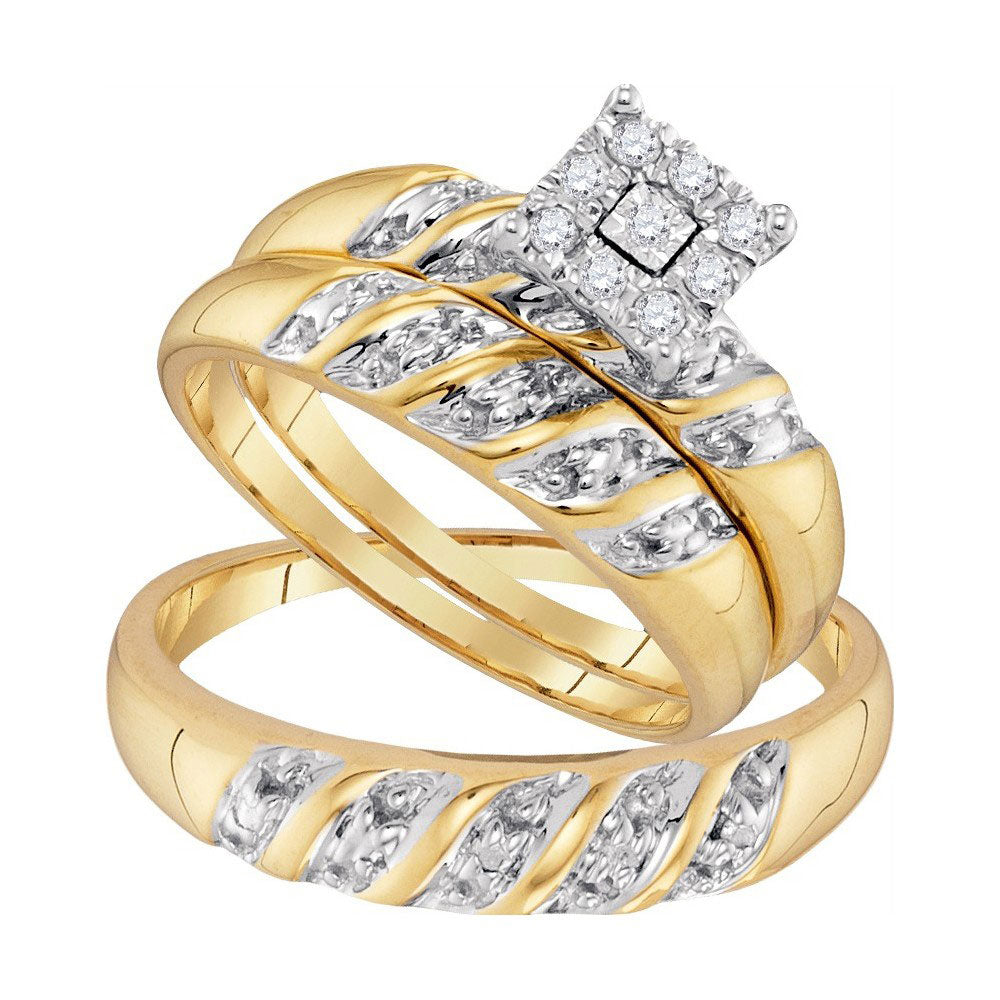 10KT YELLOW GOLD HIS HERS ROUND DIAMOND CLUSTER MATCHING WEDDING SET 1/8 CTTW
