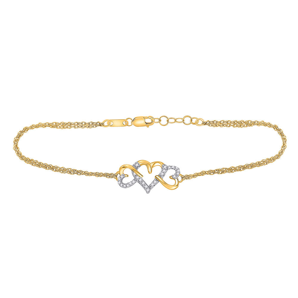 10KT YELLOW GOLD WOMENS ROUND DIAMOND TRIPLE HEART CHAIN BRACELET 1/10 CTTW97109