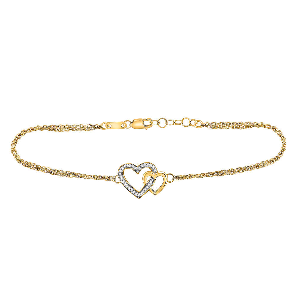 10KT YELLOW GOLD WOMENS ROUND DIAMOND DOUBLE HEART BRACELET 1/10 CTTW97121