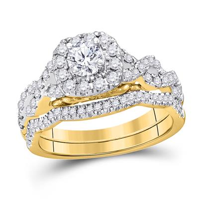 14K YELLOW GOLD ROUND DIAMOND BRIDAL WEDDING RING SET 1 CTTW (CERTIFIED)