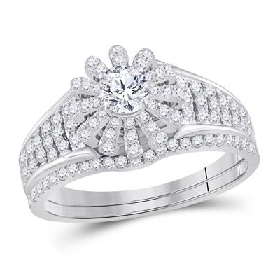 14K WHITE GOLD ROUND DIAMOND BRIDAL WEDDING RING SET 1 CTTW