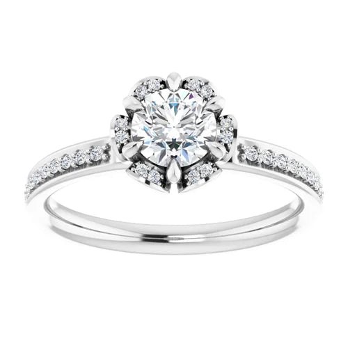 Certified 14K White Gold LG 1 Ct E Color VS1 Quality Round Floral-Inspired Engagement Ring