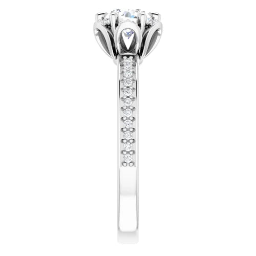 Certified 14K White Gold LG 1 Ct E Color VS1 Quality Round Floral-Inspired Engagement Ring