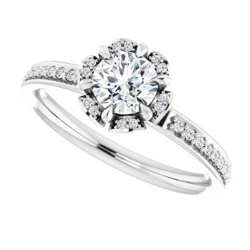Certified 14K White Gold LG 1 Ct E Color VS1 Quality Round Floral-Inspired Engagement Ring