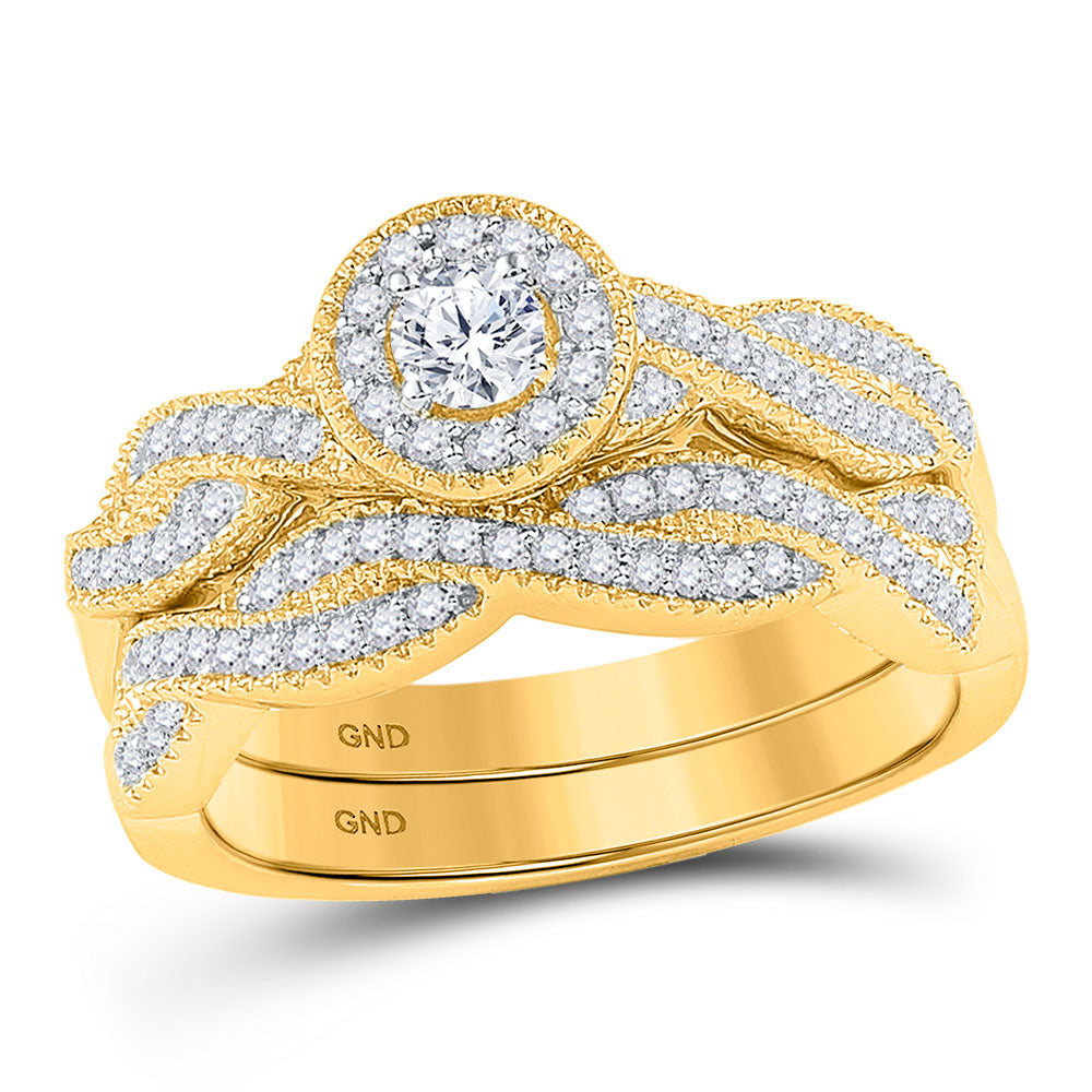 10KT YELLOW GOLD ROUND DIAMOND TWIST BRIDAL WEDDING RING BAND SET 1/2 CTTW