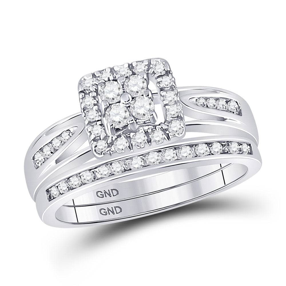 10KT WHITE GOLD ROUND DIAMOND CLUSTER BRIDAL WEDDING RING BAND SET 1/2 CTTW