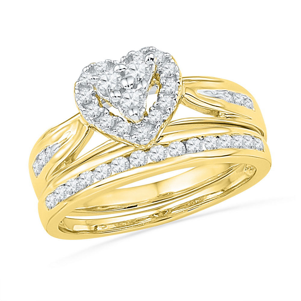 10KT YELLOW GOLD ROUND DIAMOND HEART BRIDAL WEDDING RING BAND SET 1/2 CTTW