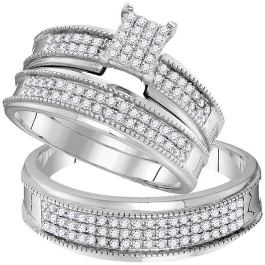 10KT WHITE GOLD HIS HERS ROUND DIAMOND CLUSTER MATCHING WEDDING SET 3/4 CTTW