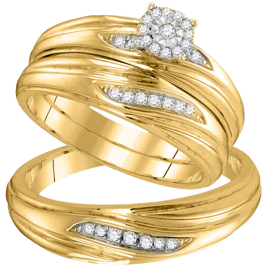 10K YELLOW GOLD DIAMOND HIS HERS MATCHING TRIO WEDDING ENGAGEMENT BRIDAL RING SET 1/5 CTTW