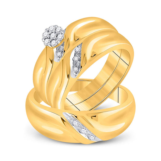 10KT YELLOW GOLD HIS HERS ROUND DIAMOND CLUSTER MATCHING WEDDING SET 1/6 CTTW