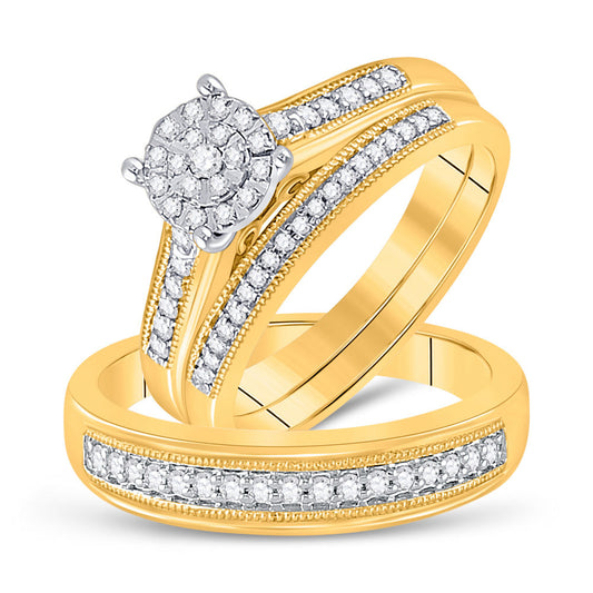 10KT YELLOW GOLD HIS HERS ROUND DIAMOND CLUSTER MATCHING WEDDING SET 3/8 CTTW