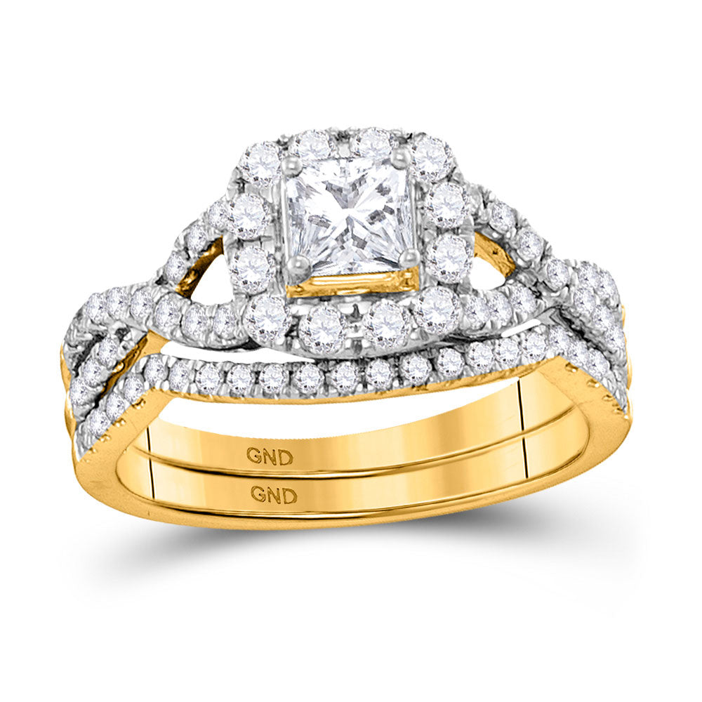 14KT YELLOW GOLD PRINCESS DIAMOND TWIST BRIDAL WEDDING RING BAND SET 1 CTTW