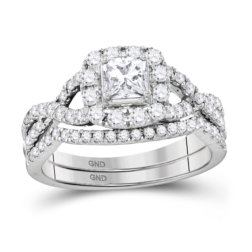 14KT WHITE GOLD PRINCESS DIAMOND TWIST BRIDAL WEDDING RING BAND SET 1 CTTW
