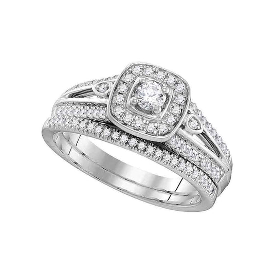 10K WHITE GOLD ROUND DIAMOND HALO BRIDAL WEDDING RING BAND SET 1/2 CTTW