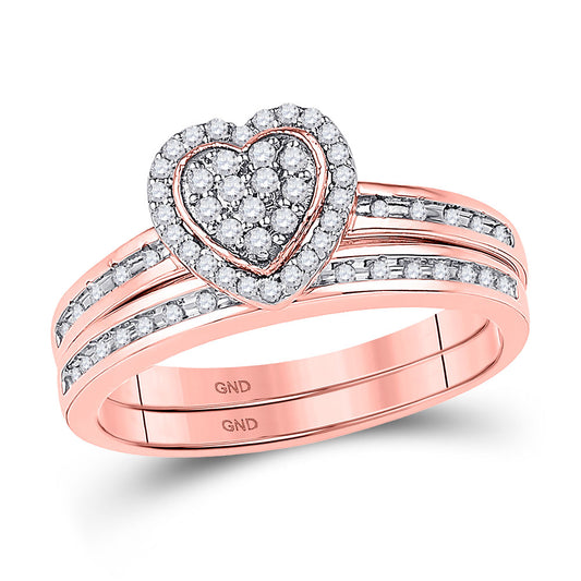 10KT ROSE GOLD ROUND DIAMOND HEART BRIDAL WEDDING RING BAND SET 1/4 CTTW