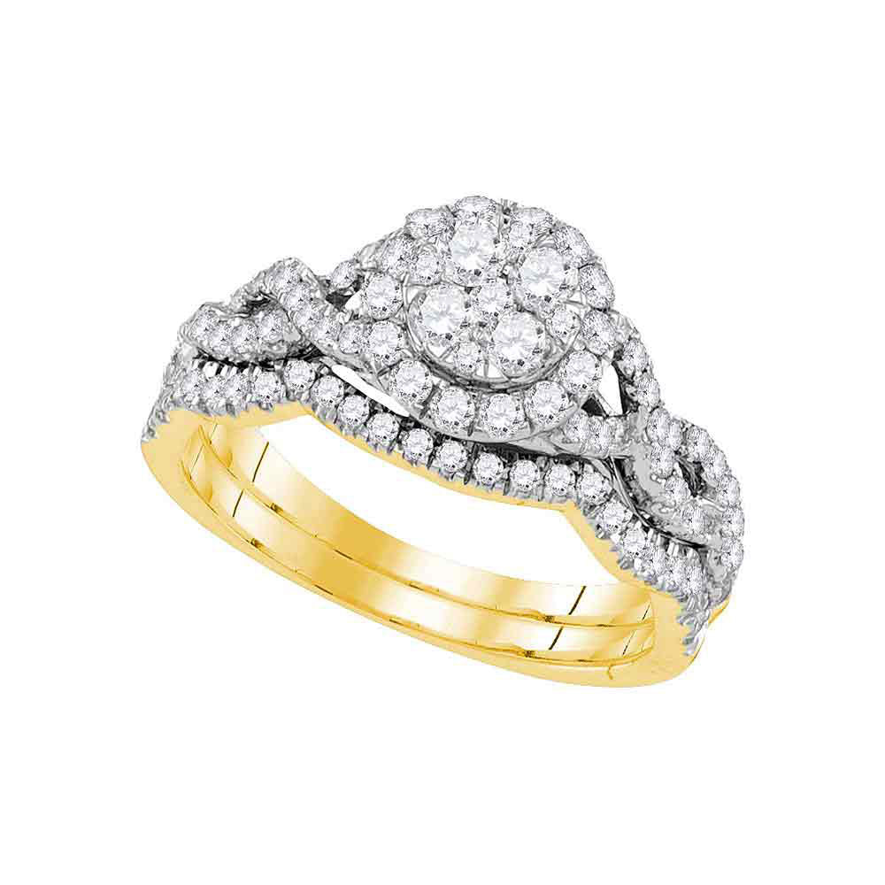 14KT YELLOW GOLD DIAMOND CLUSTER BRIDAL WEDDING RING BAND SET 7/8 CTTW